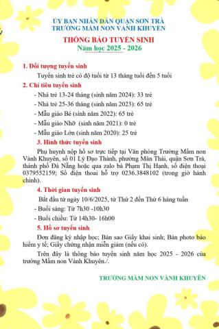 Trường mầm non Vành Khuyên thông báo tuyển sinh năm học 2025-2026