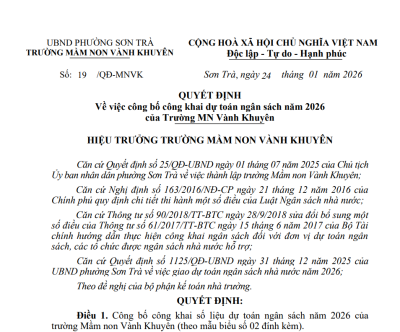 Trường mầm non Vành Khuyên công bố công khai dự toán ngân sách năm 2026